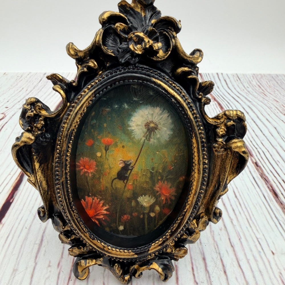 Handmade Mouse Dandelion Art Ornate Black Gold Resin Frame Victorian Whimsigoth